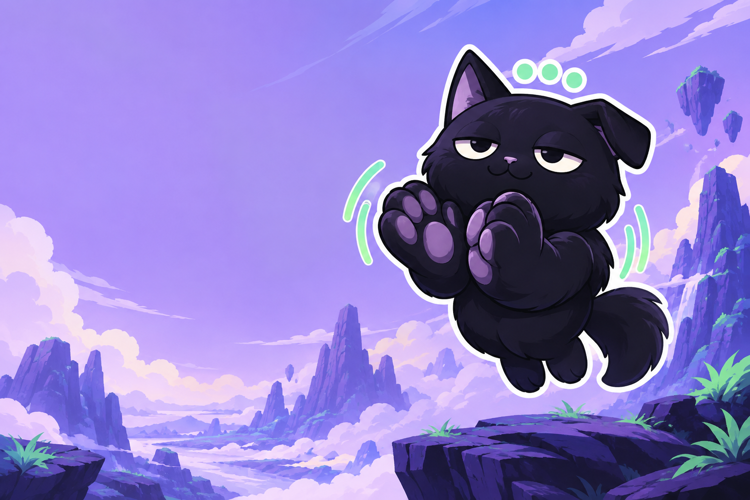 A round ink-black cat with huge soft paws frozen mid-clap, three dots floating above its sleepy head, on a lavender background with mint motion marks